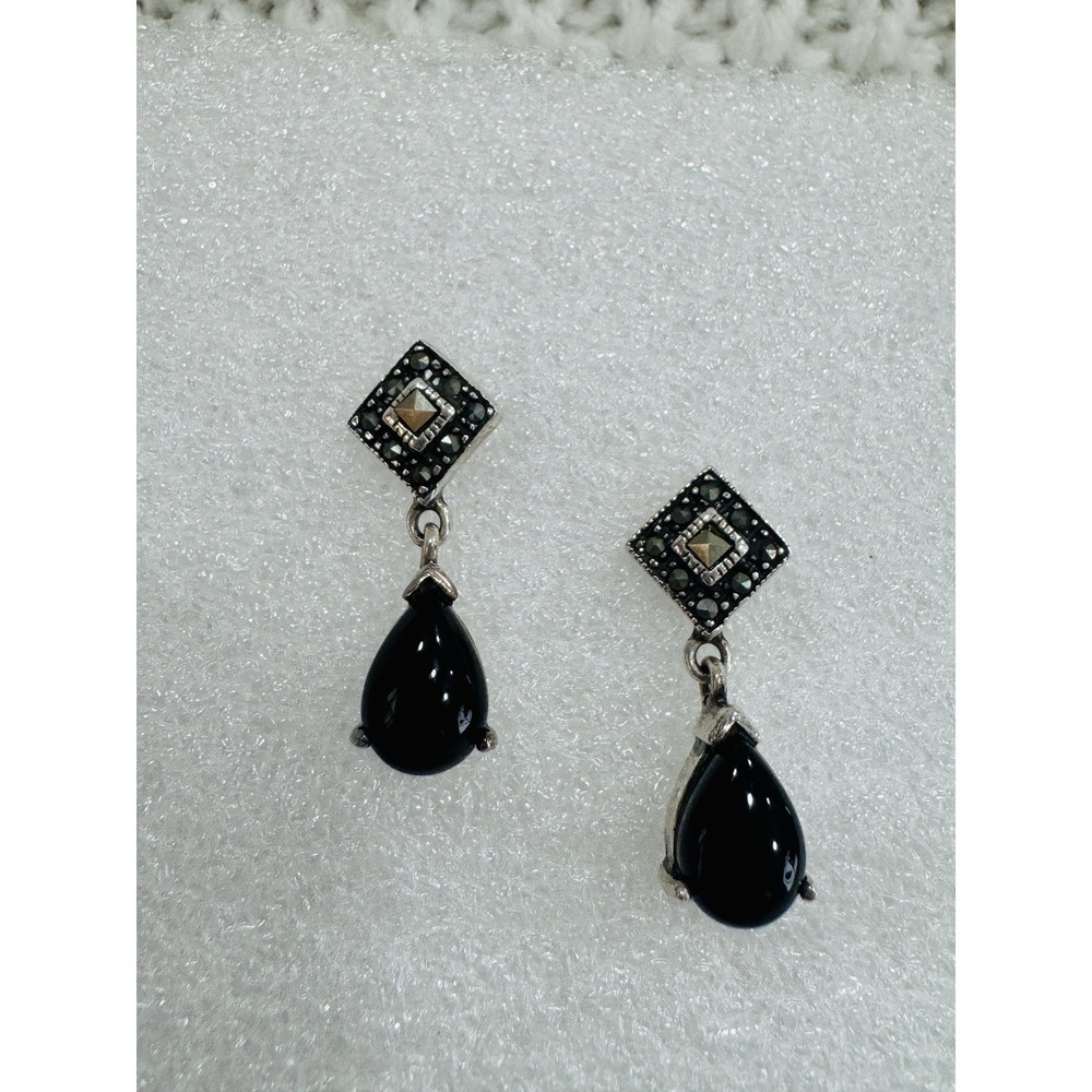 925 Sterling Silver Black Teardrop Marcasite Dangle Earrings